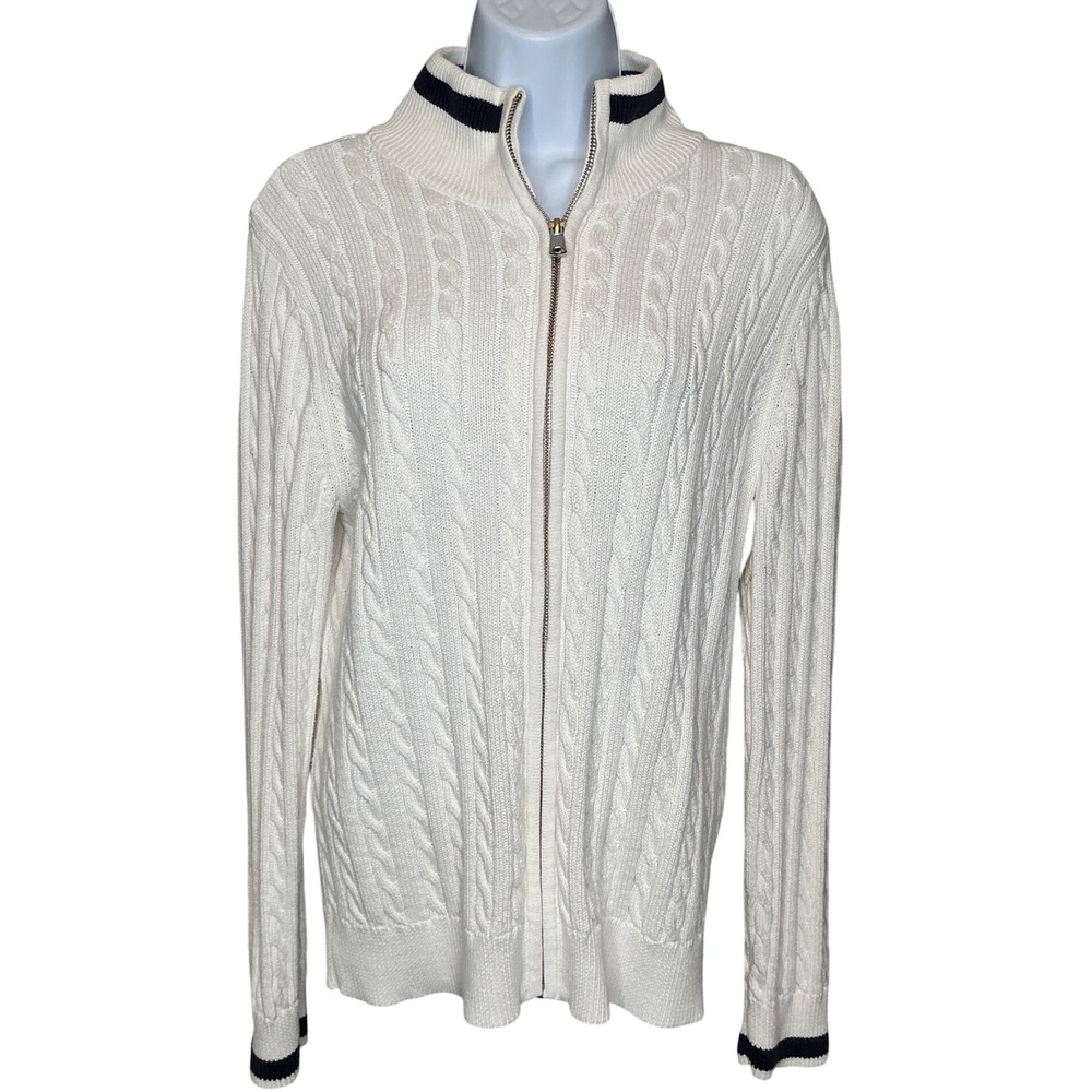 Foxcroft Womens White Cable Knit Zip Up Cardigan‎ Sweater Sz L Tennis Preppy